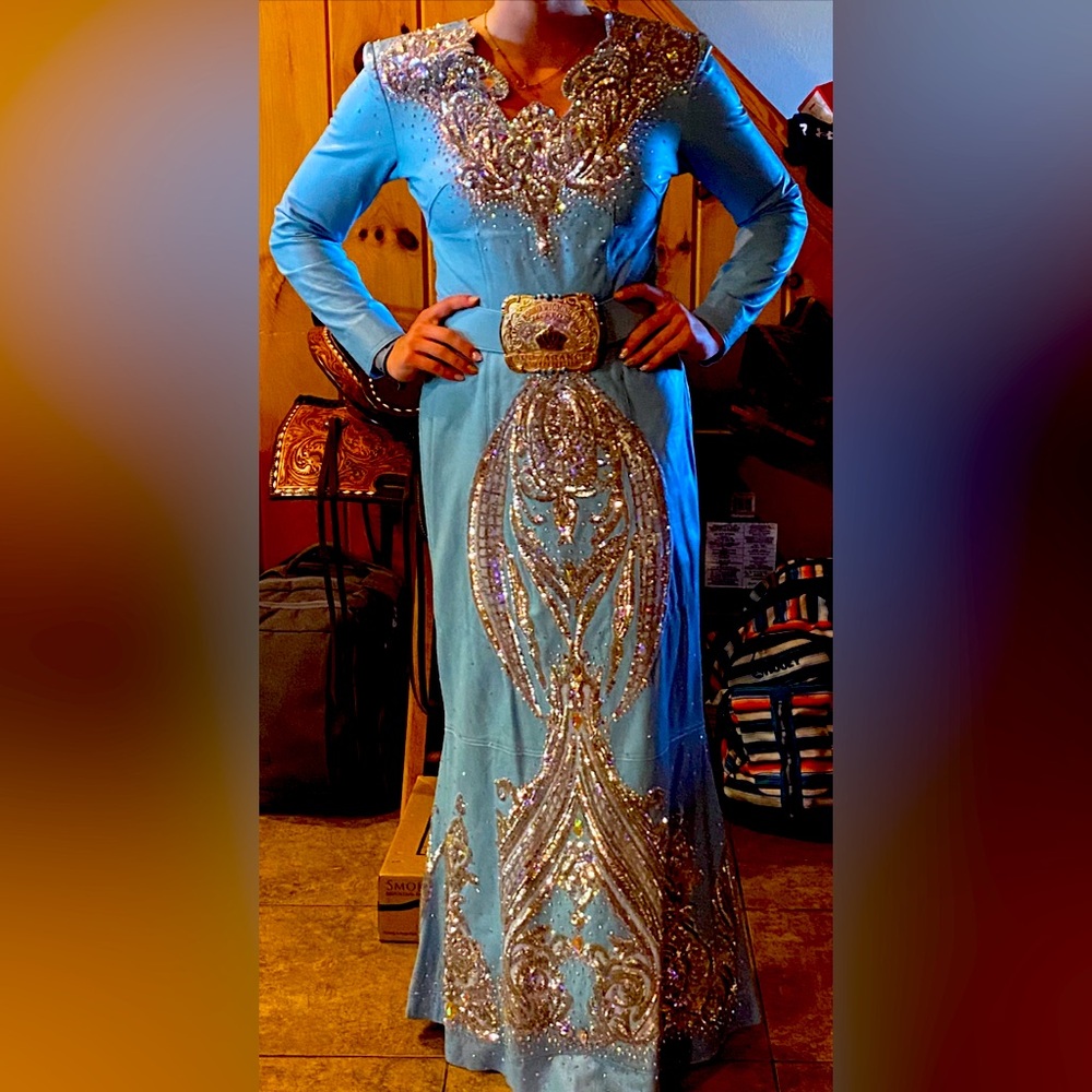 Robin baby blue Donna Riva pageant, rodeo Queen, appearance gown dress